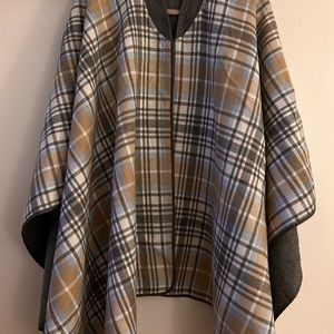 Lands End Gray/Tan Reversible Plaid Jacket Cape Shawl Women’s O/S